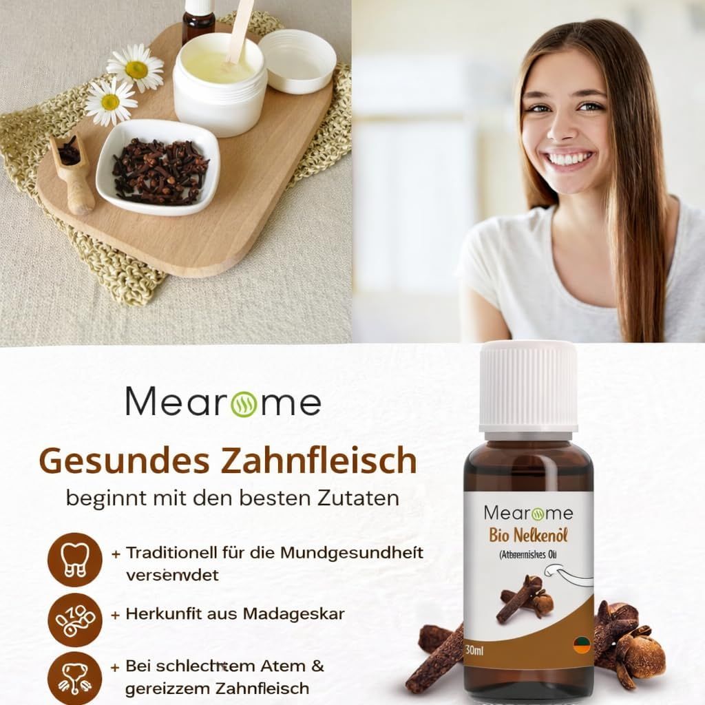 Donna sorridente. Prodotto e ingredienti su tagliere di legno. Etichetta del prodotto con chiodi di garofano.