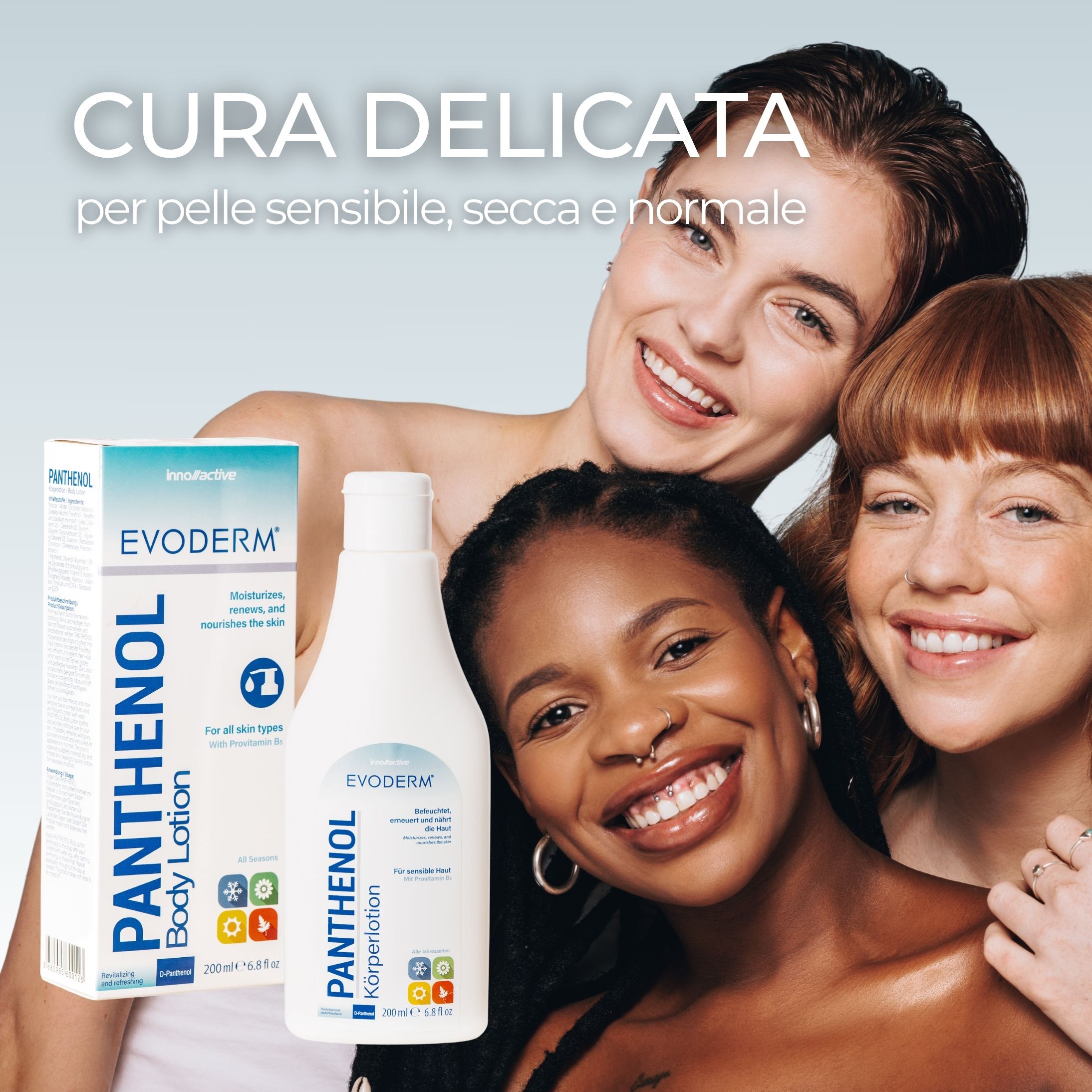 Tre donne di diverse tonalità di pelle. EVODERM Panthenol lozione corpo. Testo: Cura delicata. Per pelli sensibili.