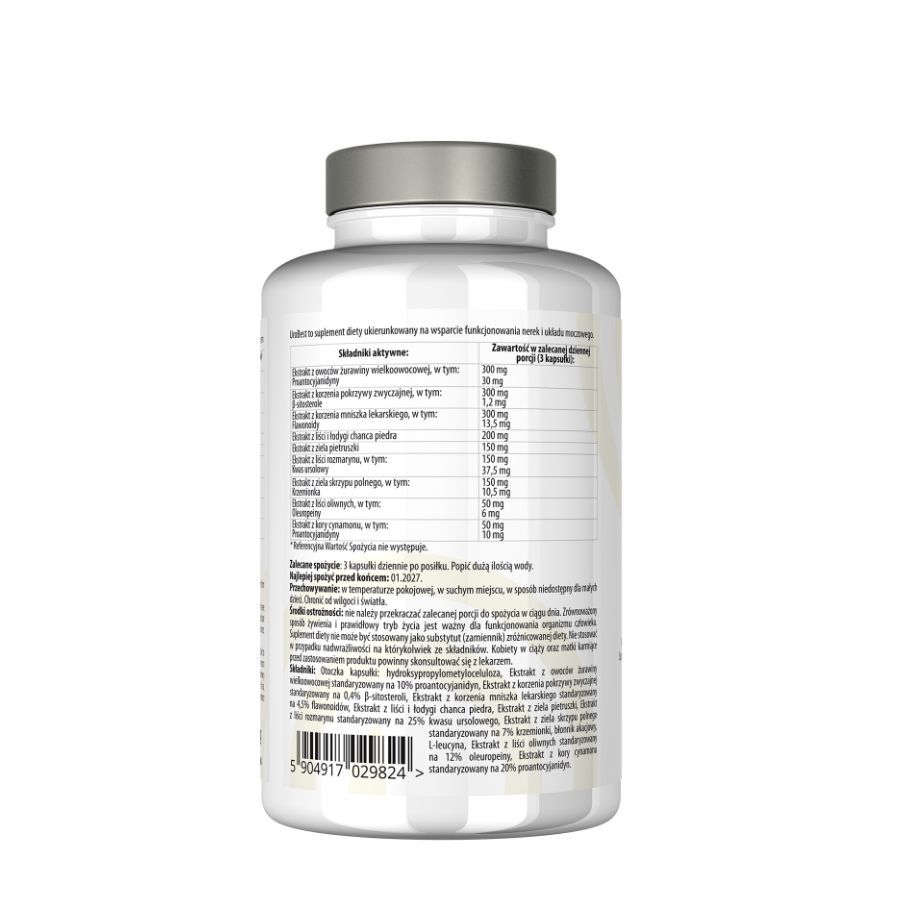 Retro del flacone bianco "BEST LAB URO BEST". Contiene informazioni sugli ingredienti e i valori nutrizionali. Testo in polacco.