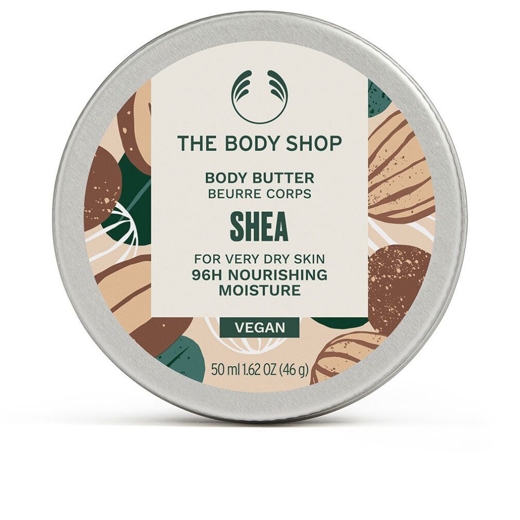 Barattolo rotondo "The Body Shop Body Butter Shea". Scritto: "For very dry skin 96H nourishing moisture". Vegano.
