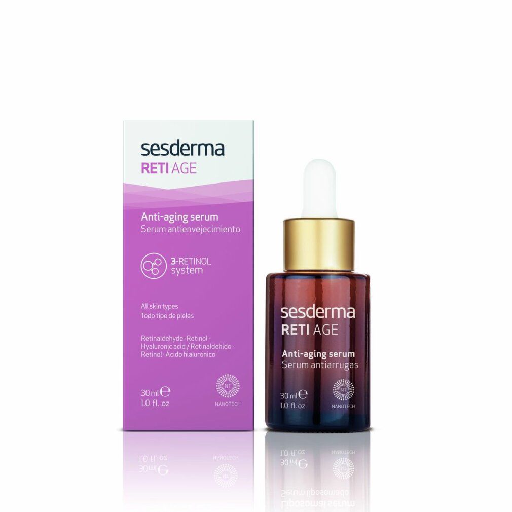 Flacone in vetro marrone con pipetta e confezione. Scritta: sesderma RETI AGE, siero anti-età. 30ml.