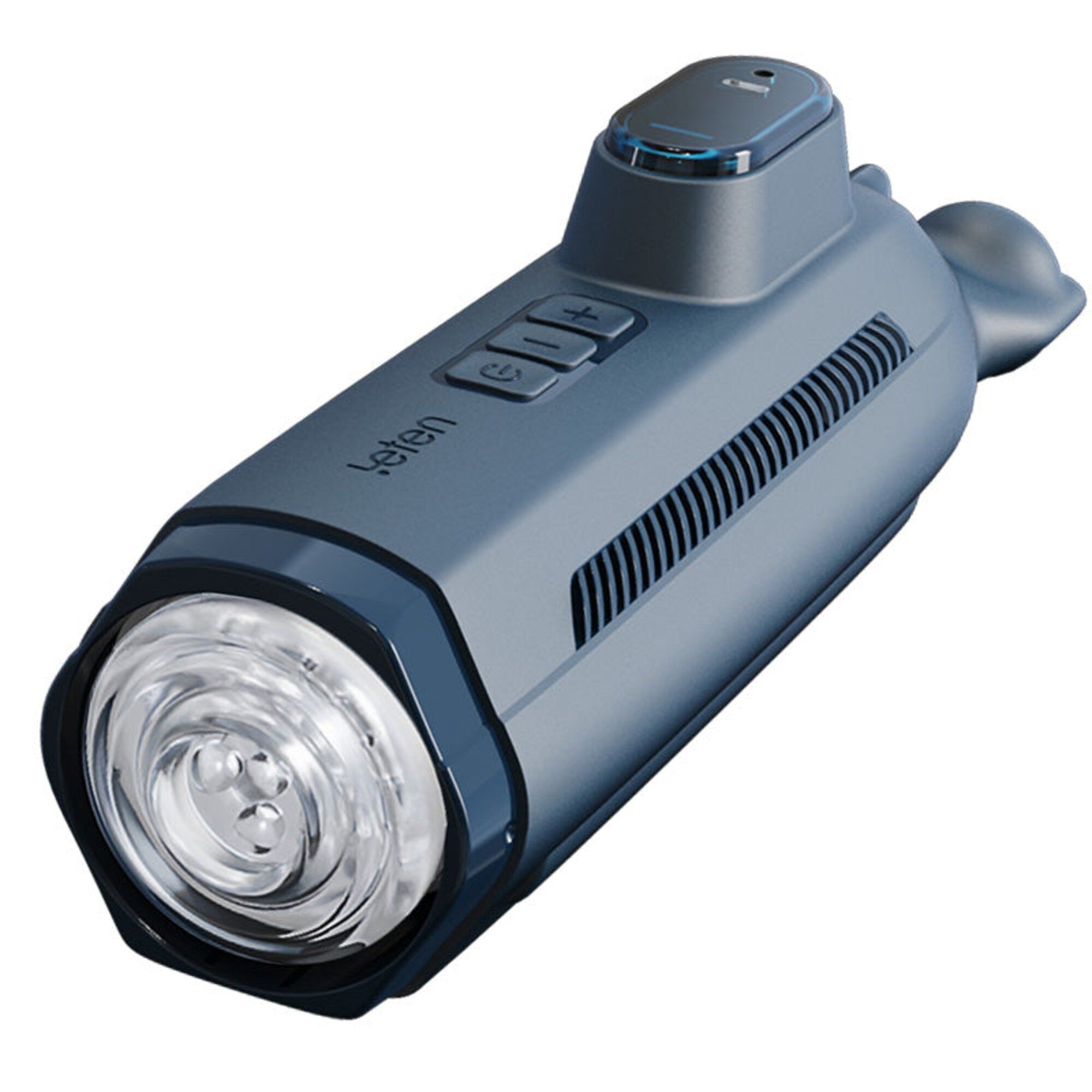 Dispositivo grigio con pulsanti, display ed elemento trasparente. Marchio: leten.