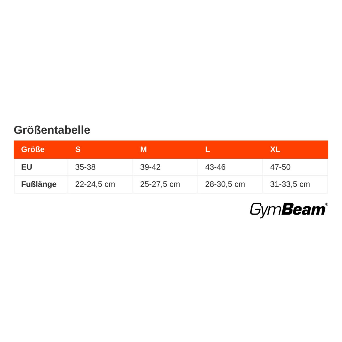 Tabella taglie per calze GymBeam: taglie UE S-XL, lunghezza piede 22-33,5 cm.