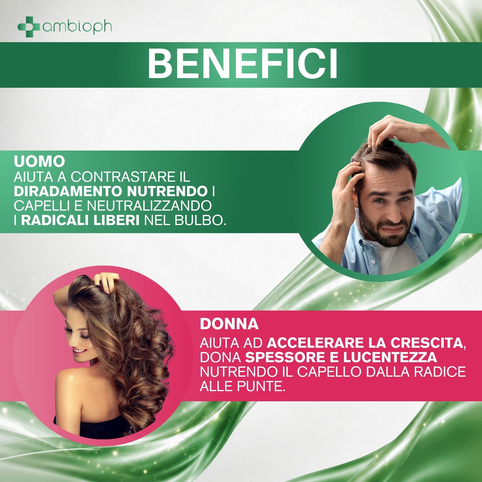 Uomo e donna con capelli sani. Benefici di TricoSTRONG Ultra per uomini e donne.