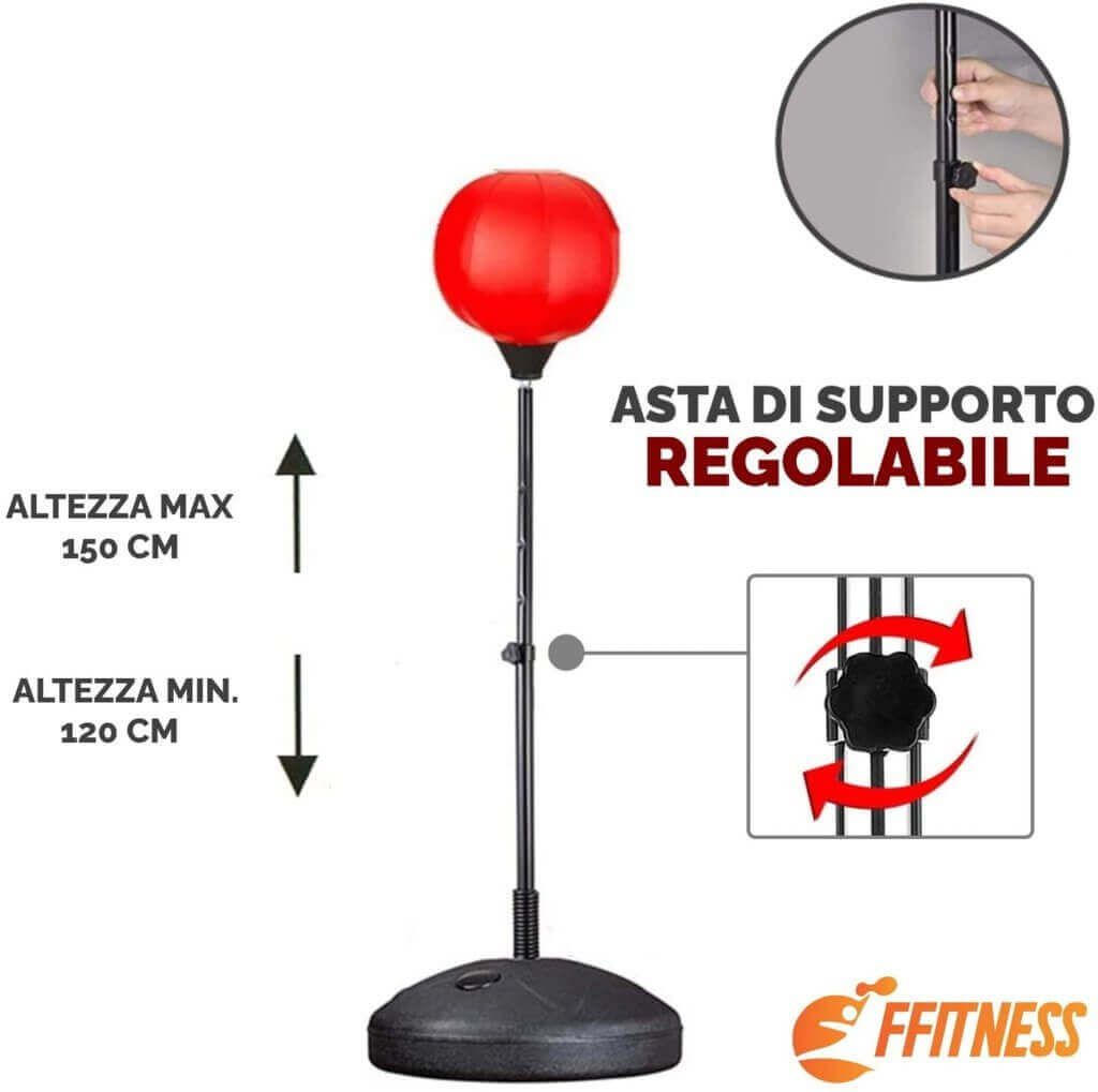 Sacco da boxe rosso con supporto regolabile e base nera. Testo: ASTA DI SUPPORTO REGOLABILE.