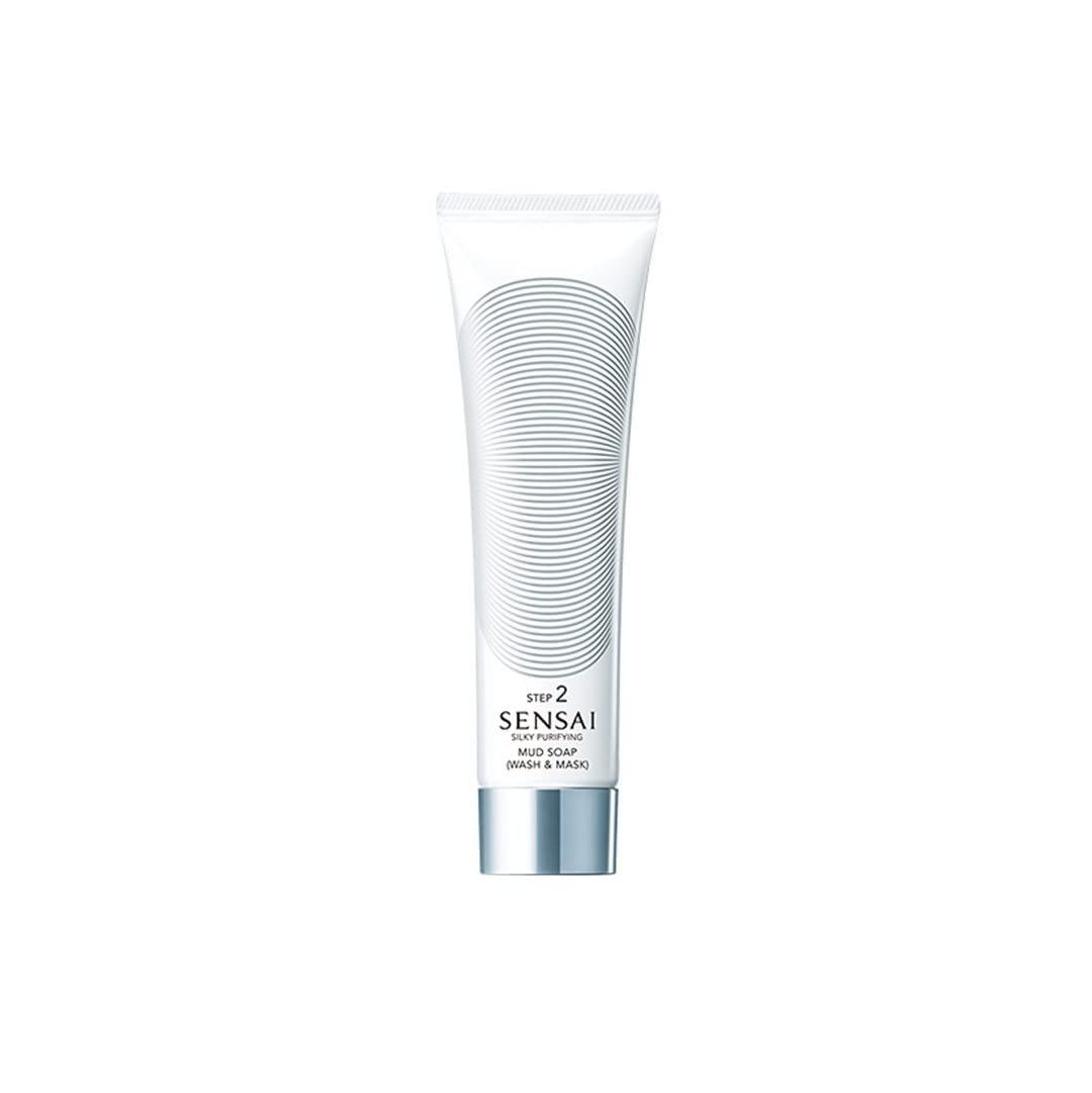 Tubo bianco con linee grigie. Testo: SENSAI SILKY PURIFYING MUD SOAP (WASH & MASK).
