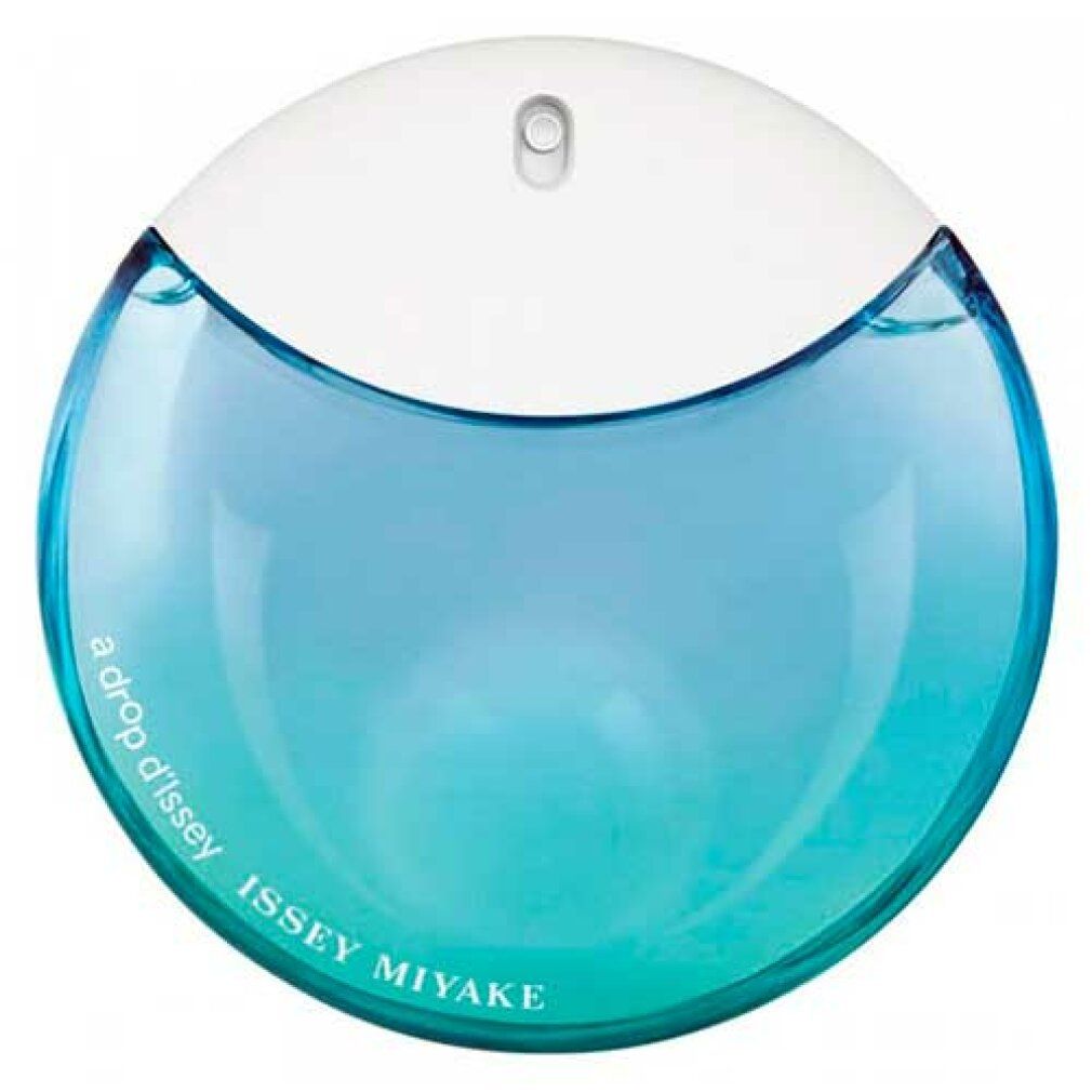Flacone rotondo con tappo bianco. Liquido blu. Scritta: a drop d'Issey, ISSEY MIYAKE.