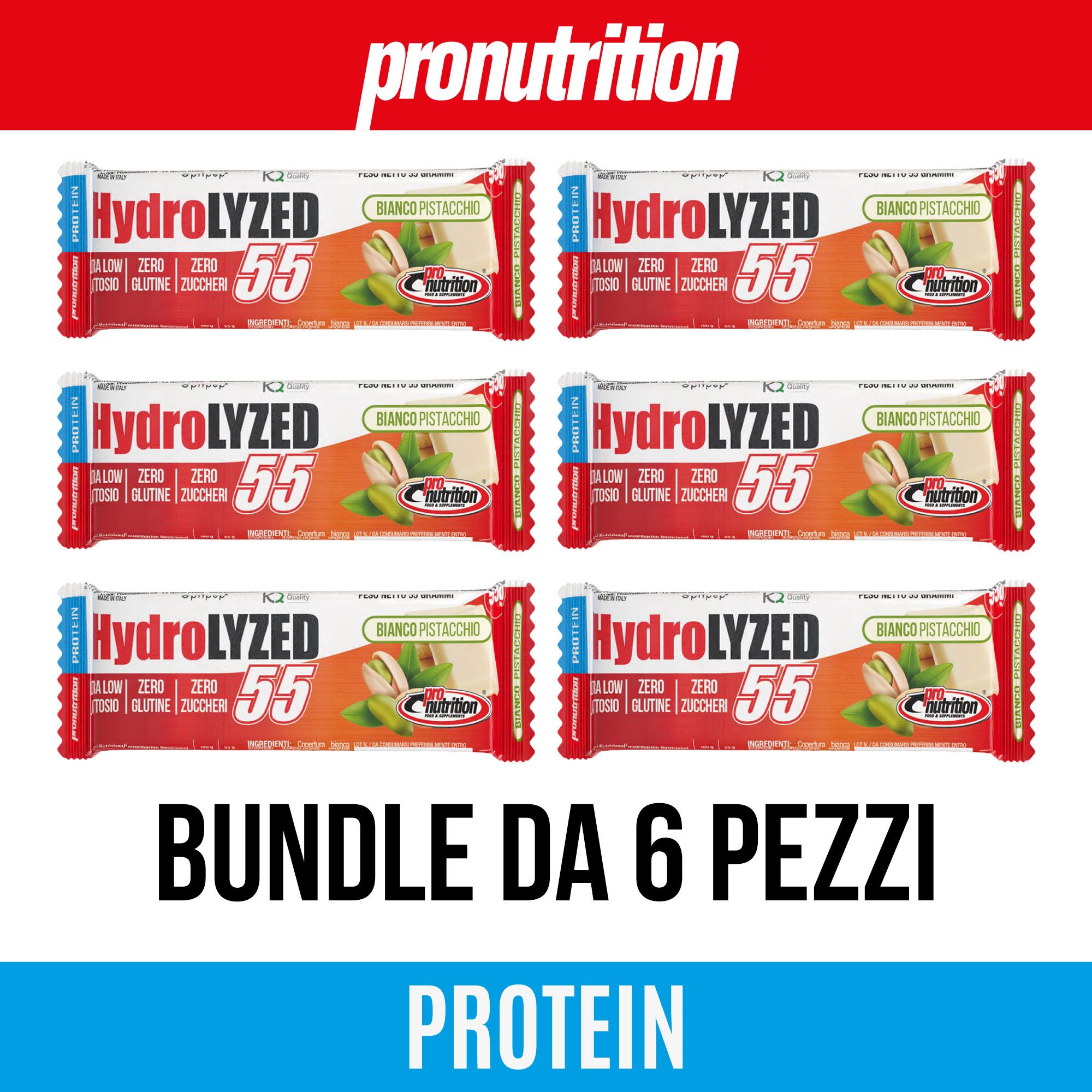 Sei barrette proteiche confezionate. Scritta: Hydrolyzed 55, Zero, Senza glutine, senza zucchero. Marchio: Pronutrition.