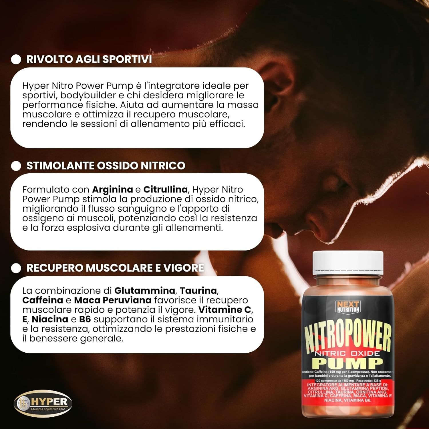 Flacone marrone Nitro Power Pump. Testo: Hyper Nitro Power Pump è ideale per gli sportivi. Stimola l'ossido nitrico. Recupero muscolare.