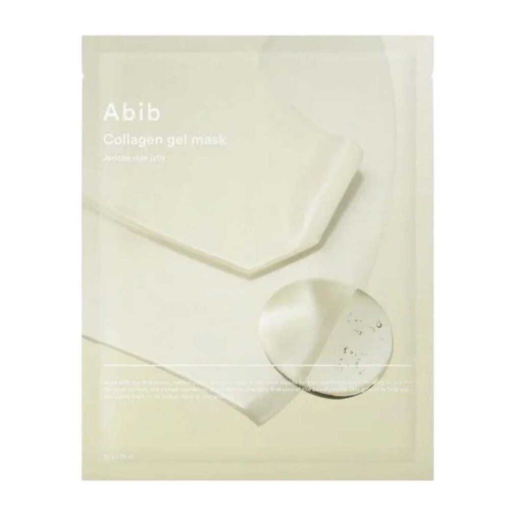 Confezione Abib Collagen Gel Mask con goccia di gel e strati.