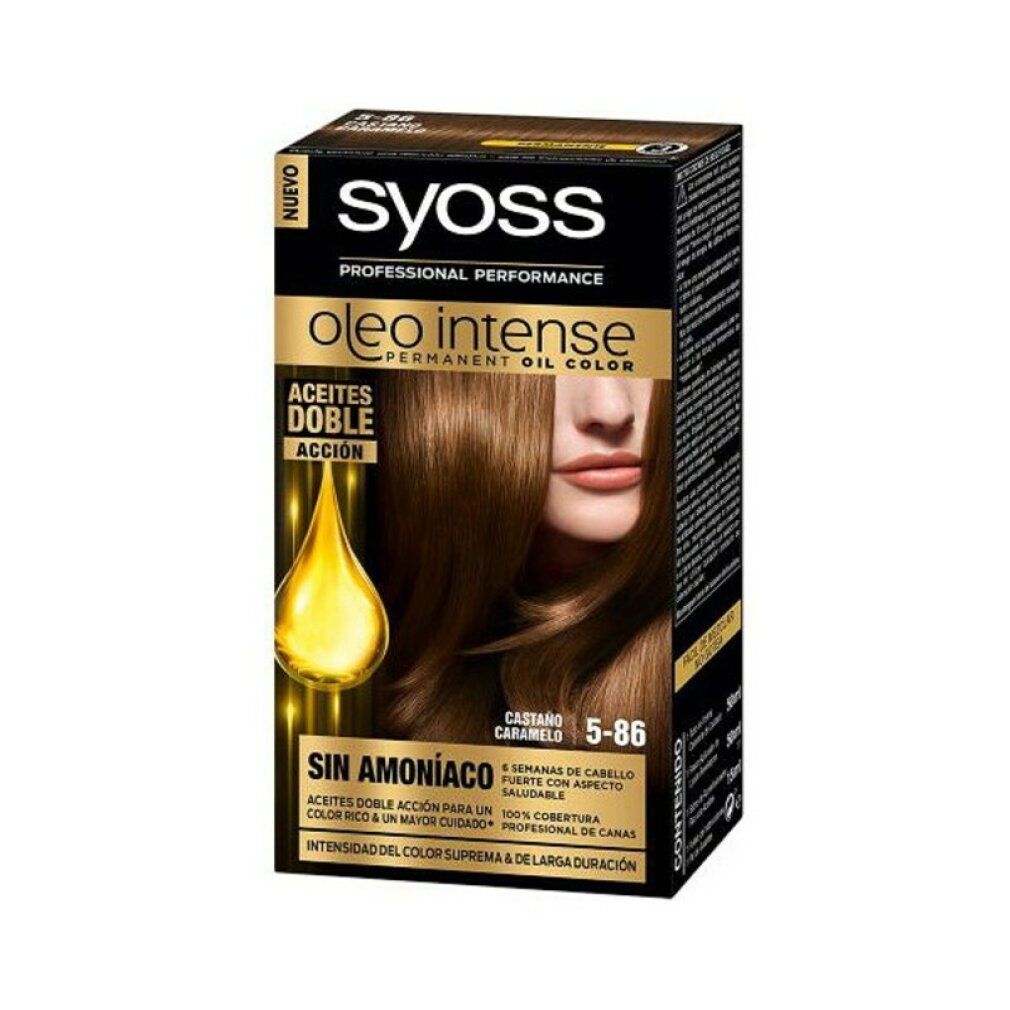 Syoss Oleo Intense, colorazione 5-86 Castano Caramello. Confezione con immagine prodotto e modella. Senza ammoniaca.