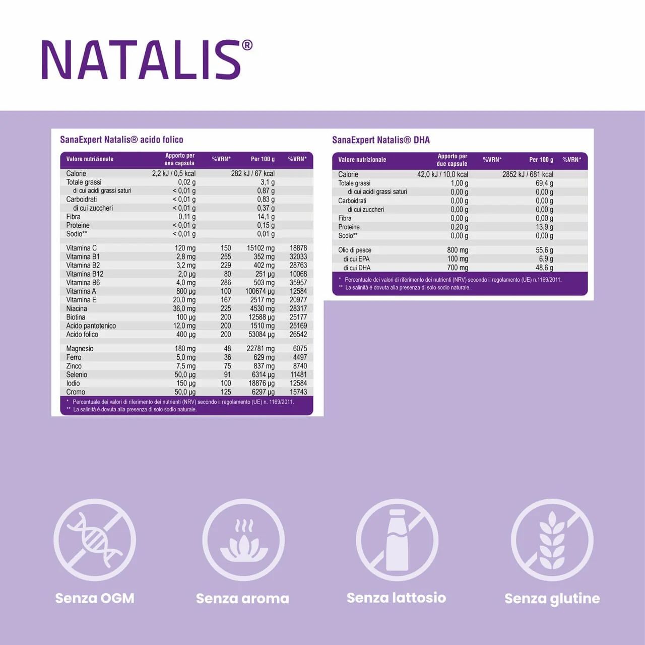 Informazioni nutrizionali e loghi. Testo in italiano. Senza OGM, aromi, lattosio e glutine.