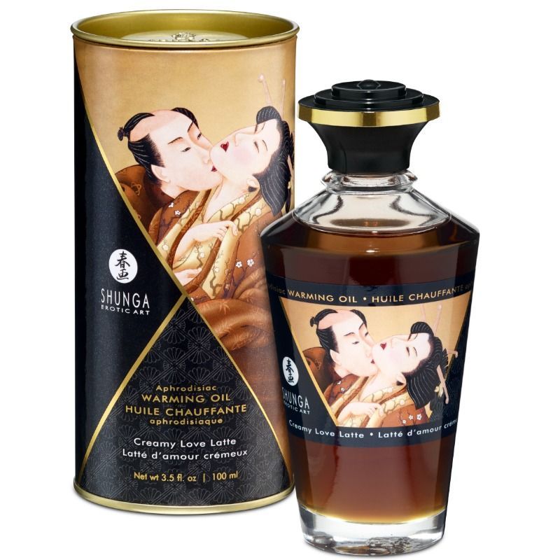Lattina e flacone di olio riscaldante Shunga con aroma Creamy Love Latte. Arte classica giapponese su entrambi.