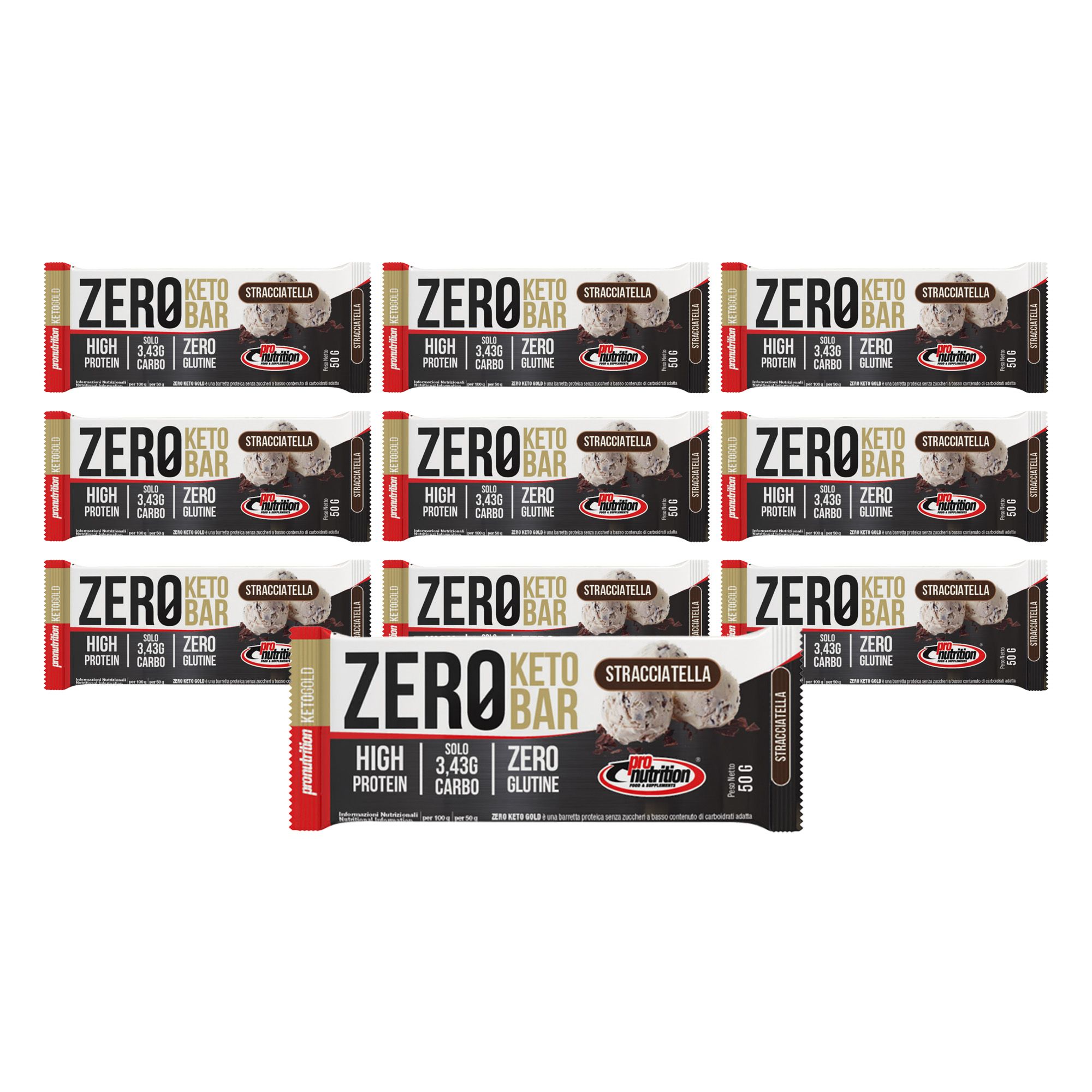 Pronutrition Zero Keto Bar - 10x50g - Stracciatella - 40% proteine - Senza glutine