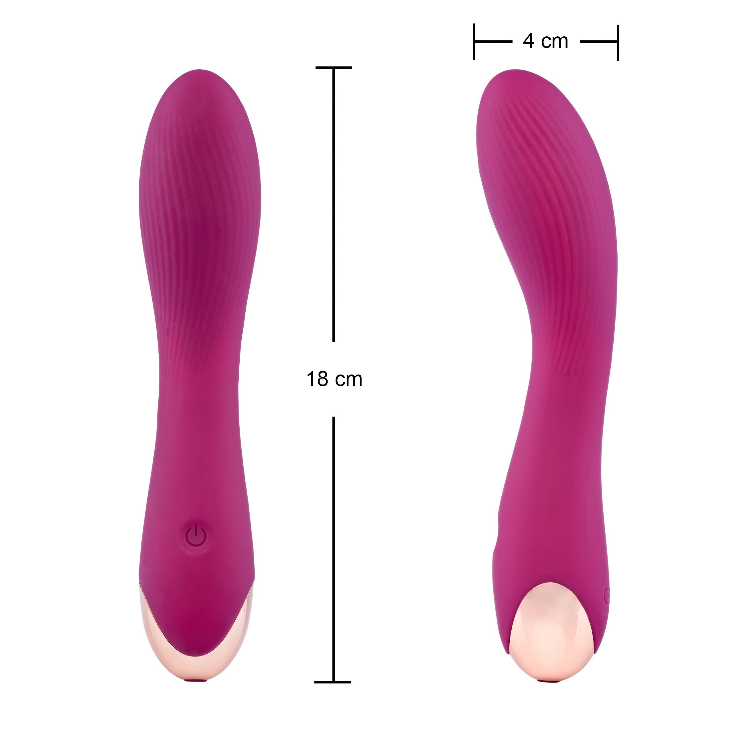 Vibratore magenta, lungo 18 cm, largo 4 cm. Superficie scanalata, estremità dorata. Dimensioni mostrate.