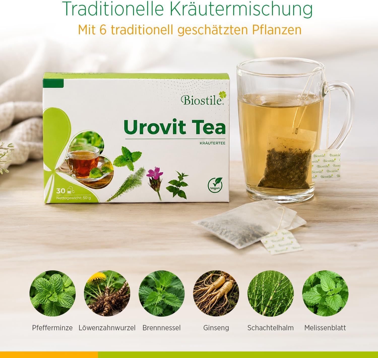 Confezione di tè alle erbe UroVit con 30 bustine, accanto una tazza di tè con una bustina e bustine singole.
