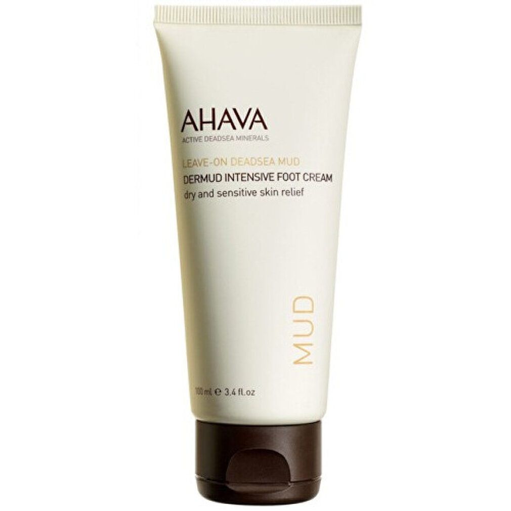Tubo di crema con logo AHAVA, LEAVE-ON DEADSEA MUD, Dermud Intensive Foot Cream. Scritta: dry and sensitive skin relief.
