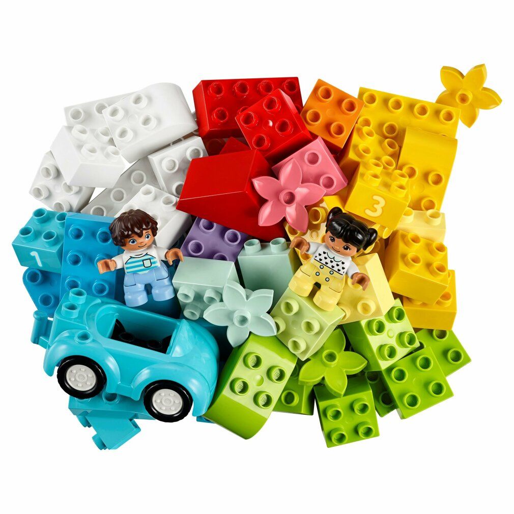 Mattoncini LEGO Duplo colorati, personaggi e auto. Vari colori e forme. Età consigliata 1 1/2+.