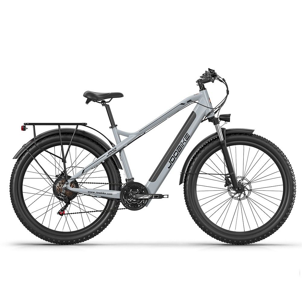 E-bike grigio JOOBIKE J002, 29 pollici, pneumatici all-terrain, portapacchi, parafanghi neri.