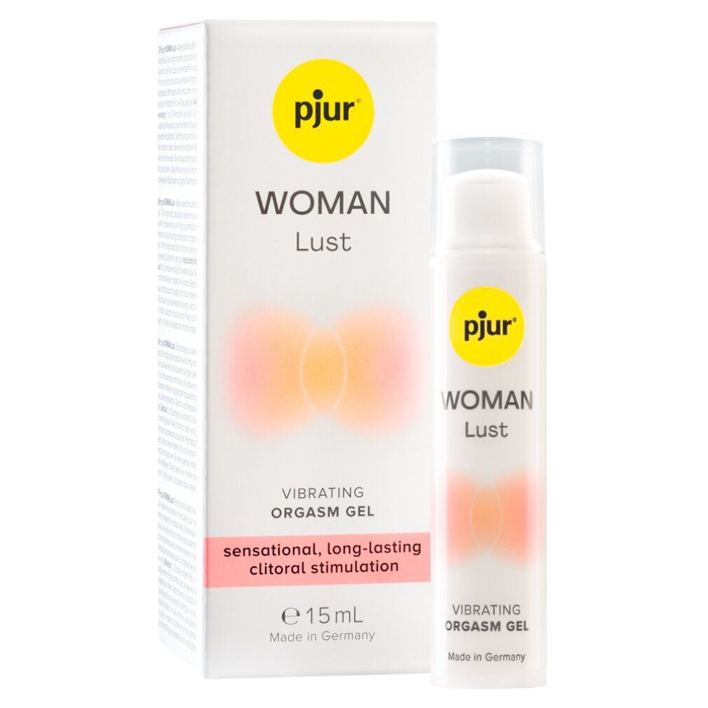 Prodotto e confezione. Flacone bianco e scatola. Confezione giallo-bianca con nome e testo del prodotto. Testo: Vibrating Orgasm Gel.