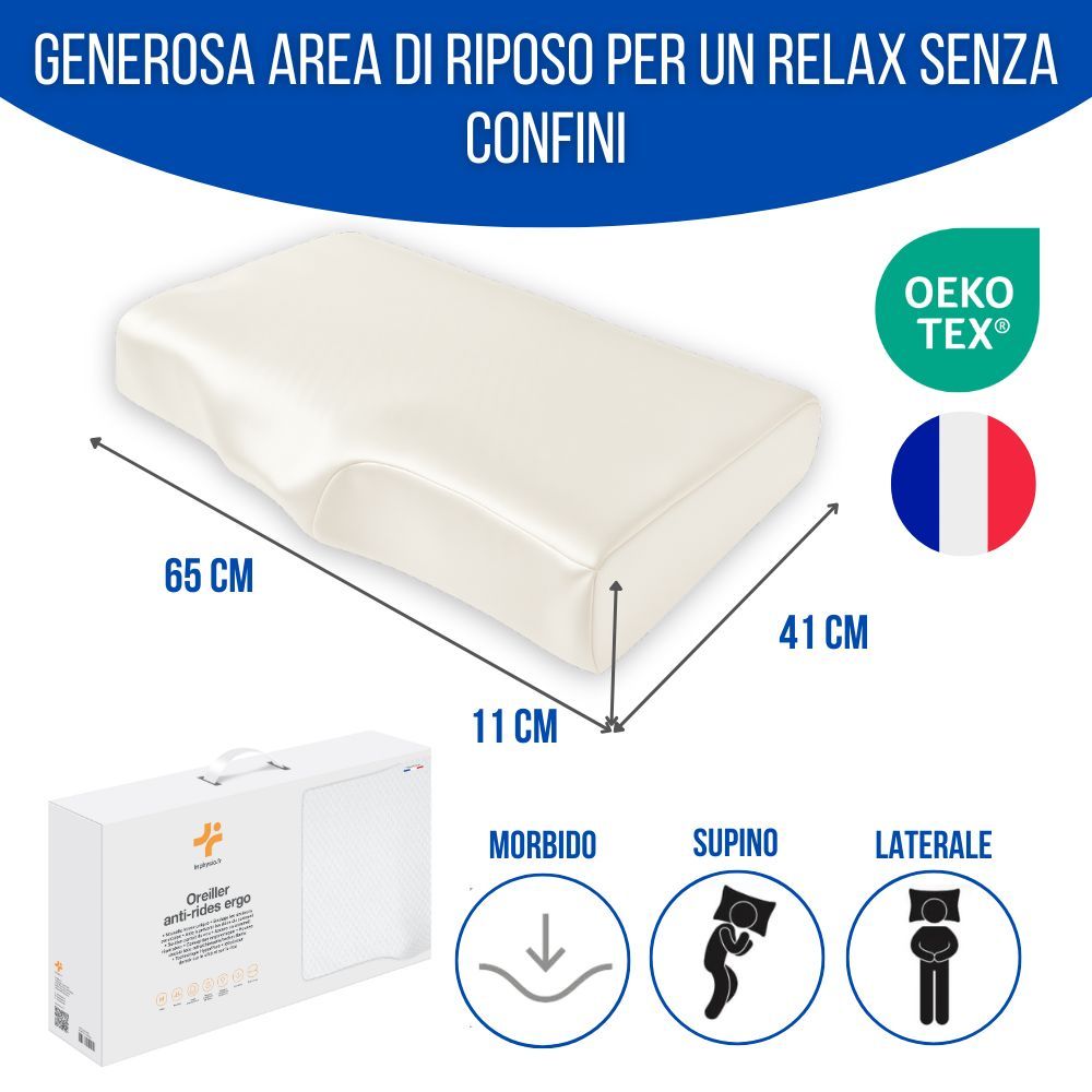 Cuscino ergonomico con misure e confezione. Testo: Oeko-Tex. Bandiera francese.