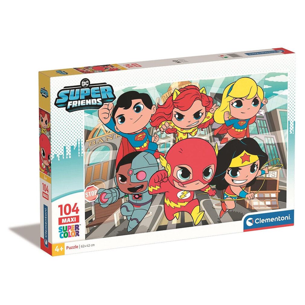 Puzzle Clementoni DC Super Friends Maxi, 104 pezzi. Confezione con illustrazioni di supereroi. Età: 4+. Dimensioni: 62x42cm.