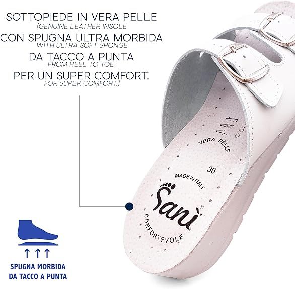 Primo piano dell'interno di un sandalo bianco. Testo: Vera Pelle, Sanì, Made in Italy. Taglia 36.