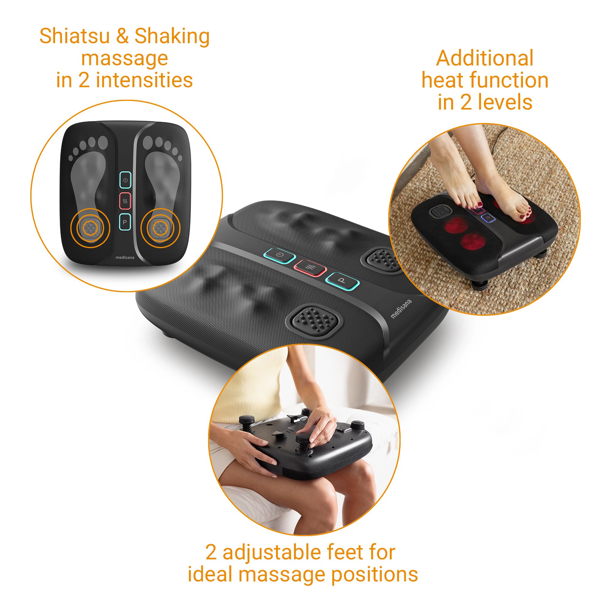 Massaggiatore per piedi con funzioni evidenziate: massaggio Shiatsu e vibrante, funzione calore, piedi regolabili.