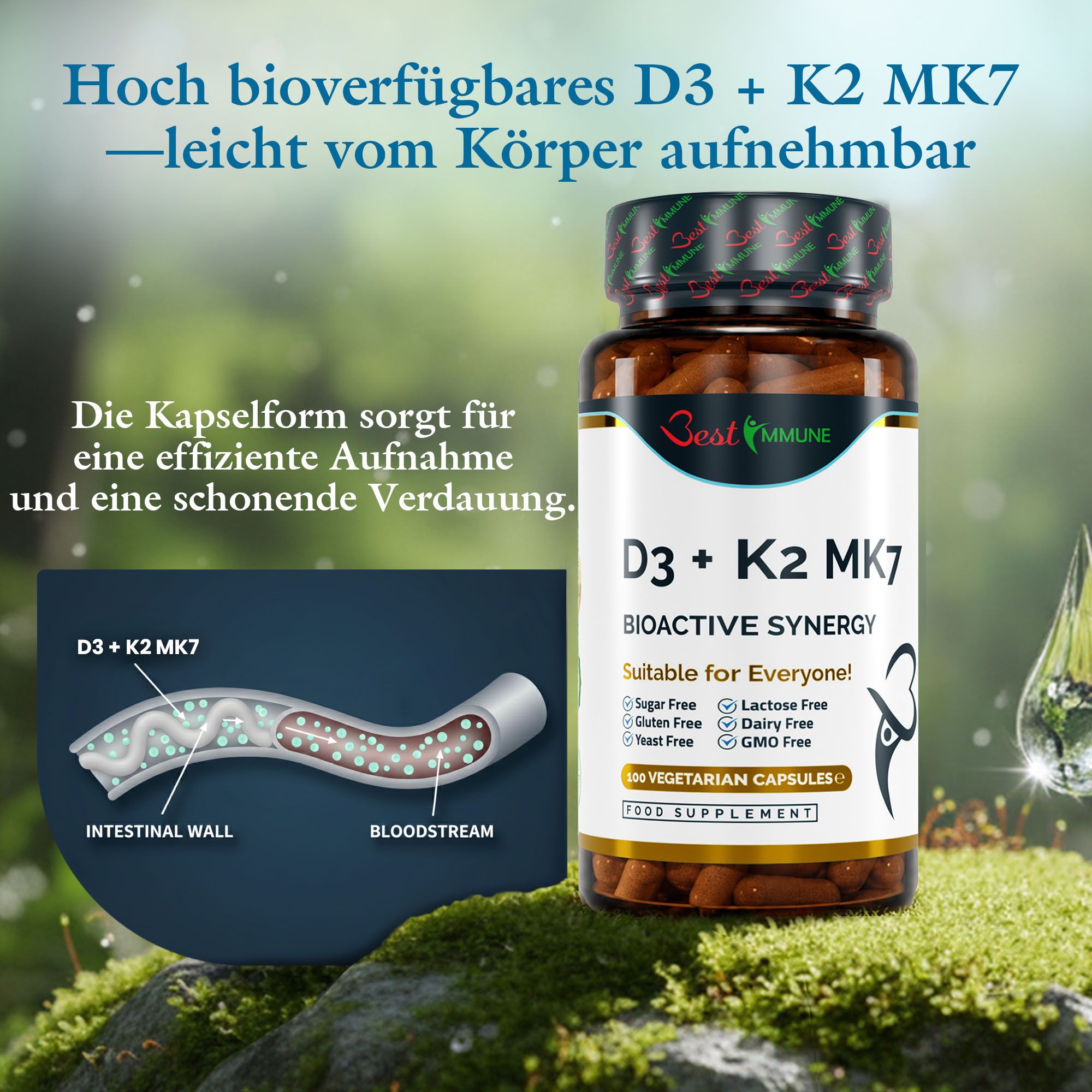 Flacone Best Immune D3 + K2 MK7 accanto a un'illustrazione dell'assorbimento intestinale.