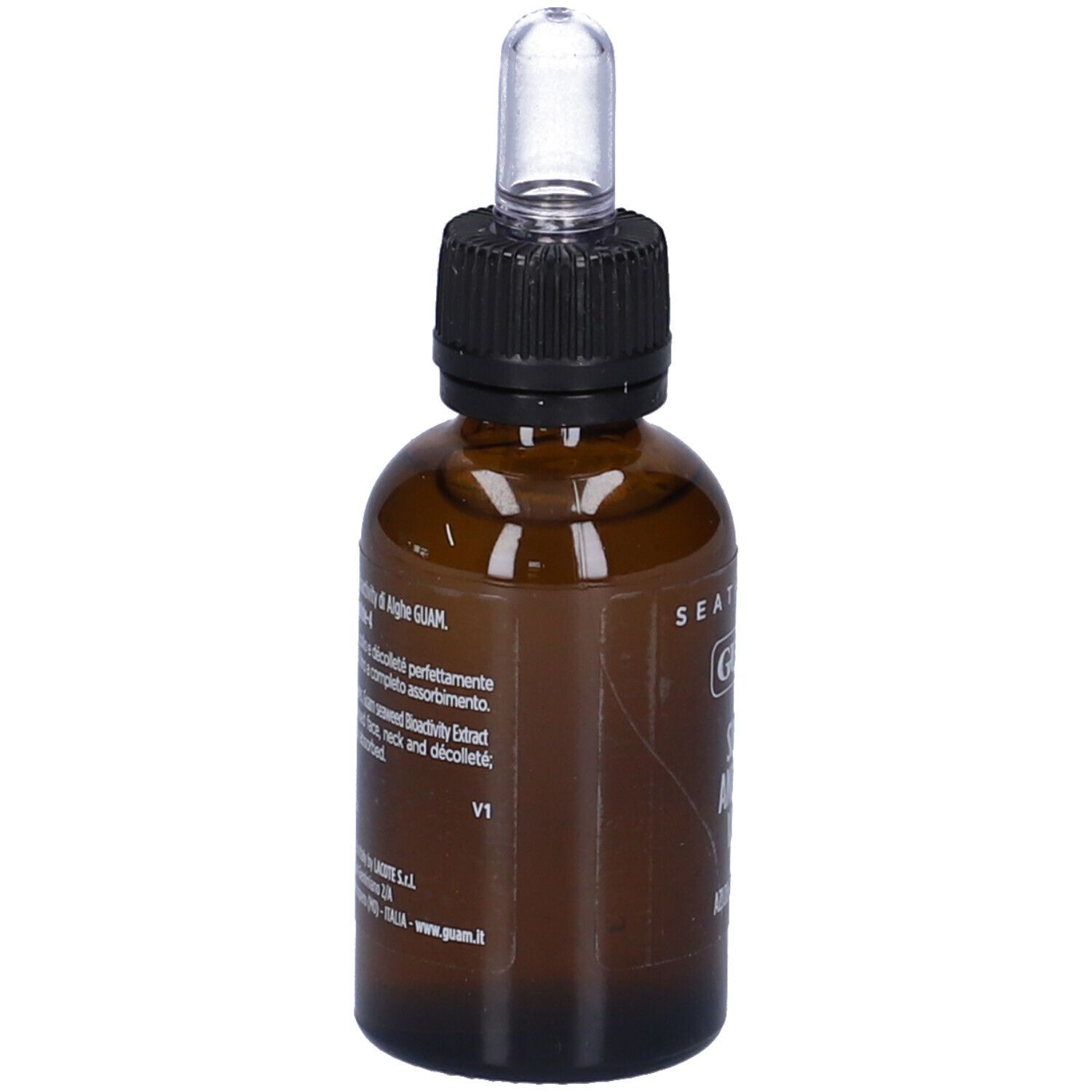 Flacone di vetro marrone con tappo nero e pipetta. Scritta e testo in italiano.