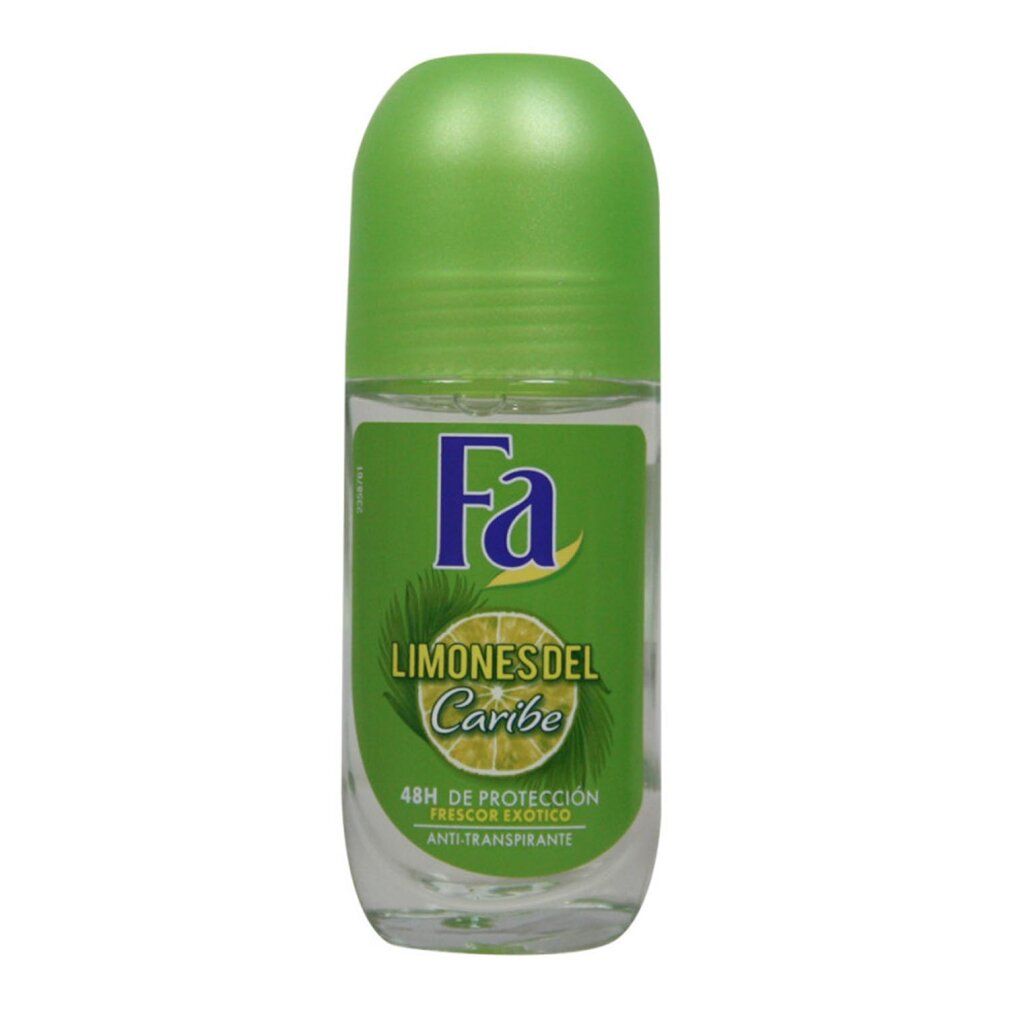 Roll-on deodorante con tappo verde. Scritta "Fa" e "LIMONES DEL CARIBE". Immagine di limone. "48h" e "ANTI-TRANSPIRANTE".