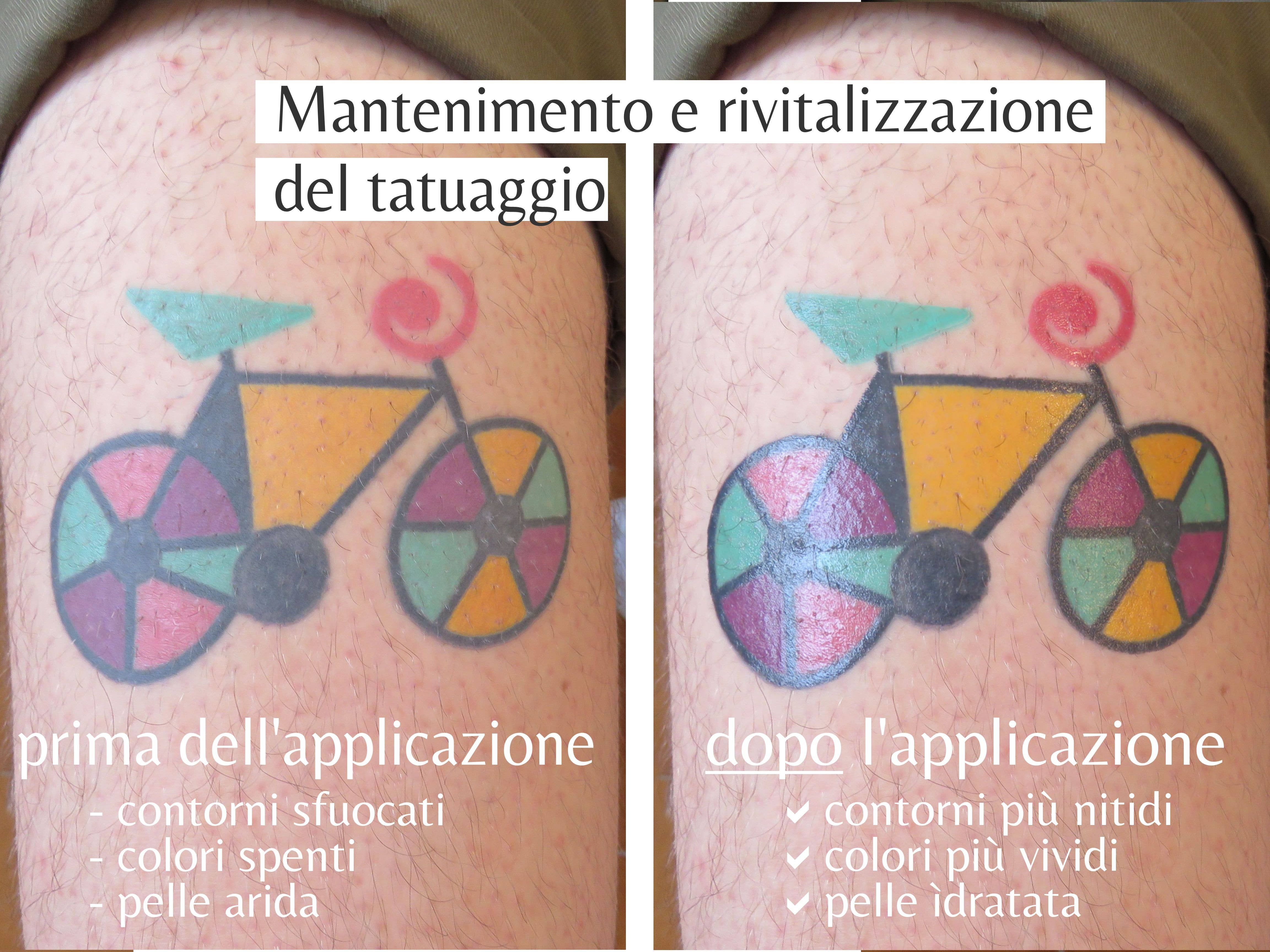 Confronto prima-dopo di un tatuaggio. Testo: "Mantenimento e rivitalizzazione del tatuaggio".