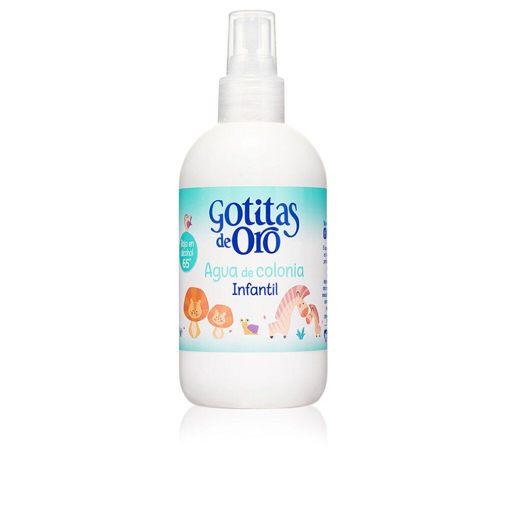 Flacone bianco con vaporizzatore. Etichetta con nome del prodotto e illustrazioni di animali. Scritta: Agua de colonia Infantil.