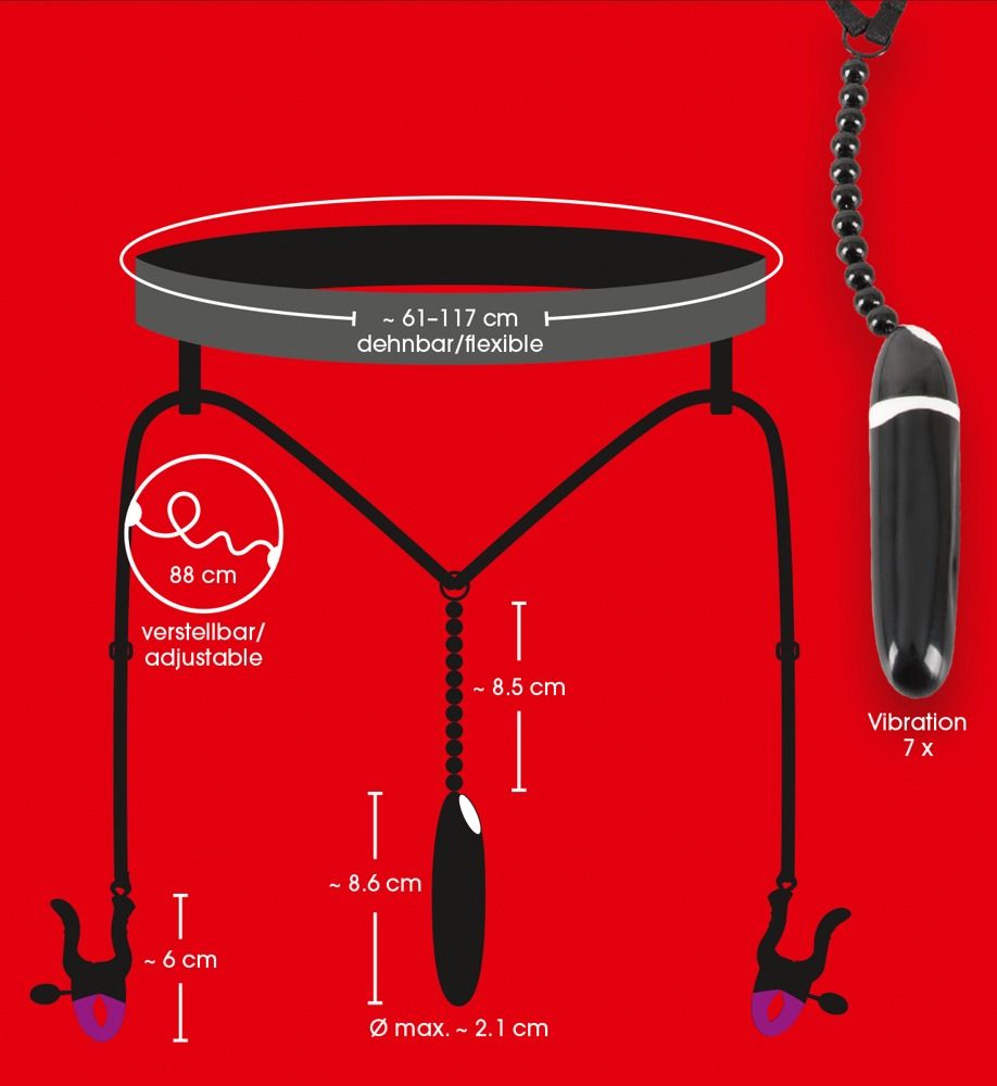 Schema dello string con pinze per labbra e vibratore. Misure in cm. Testo: Vibration 7x. Regolabile/adjustable.