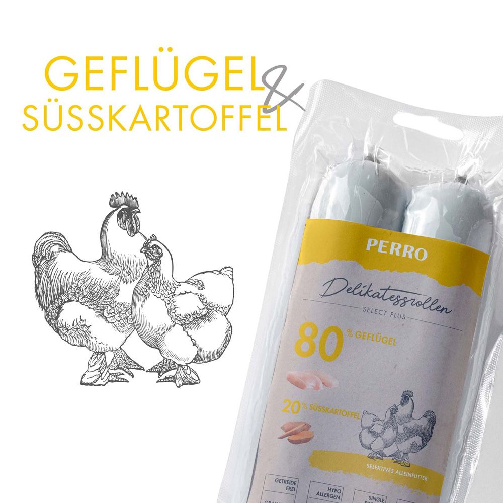 Confezione con due rotoli. PERRO Delikatessrollen, 80g. Illustrazione di gallo e gallina.