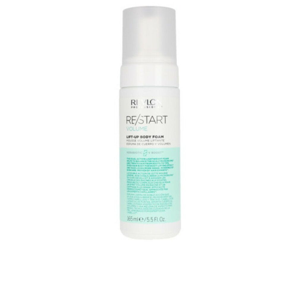 Prodotto bianco con erogatore spray. Scritta: RE/START VOLUME, LIFT-UP BODY FOAM. 165 ml/5.5 Fl.Oz.