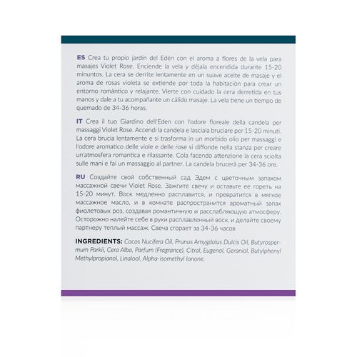 Testo con informazioni multilingue sul prodotto. Istruzioni e ingredienti. Testo: Violet Rose, candela da massaggio, ingredienti.