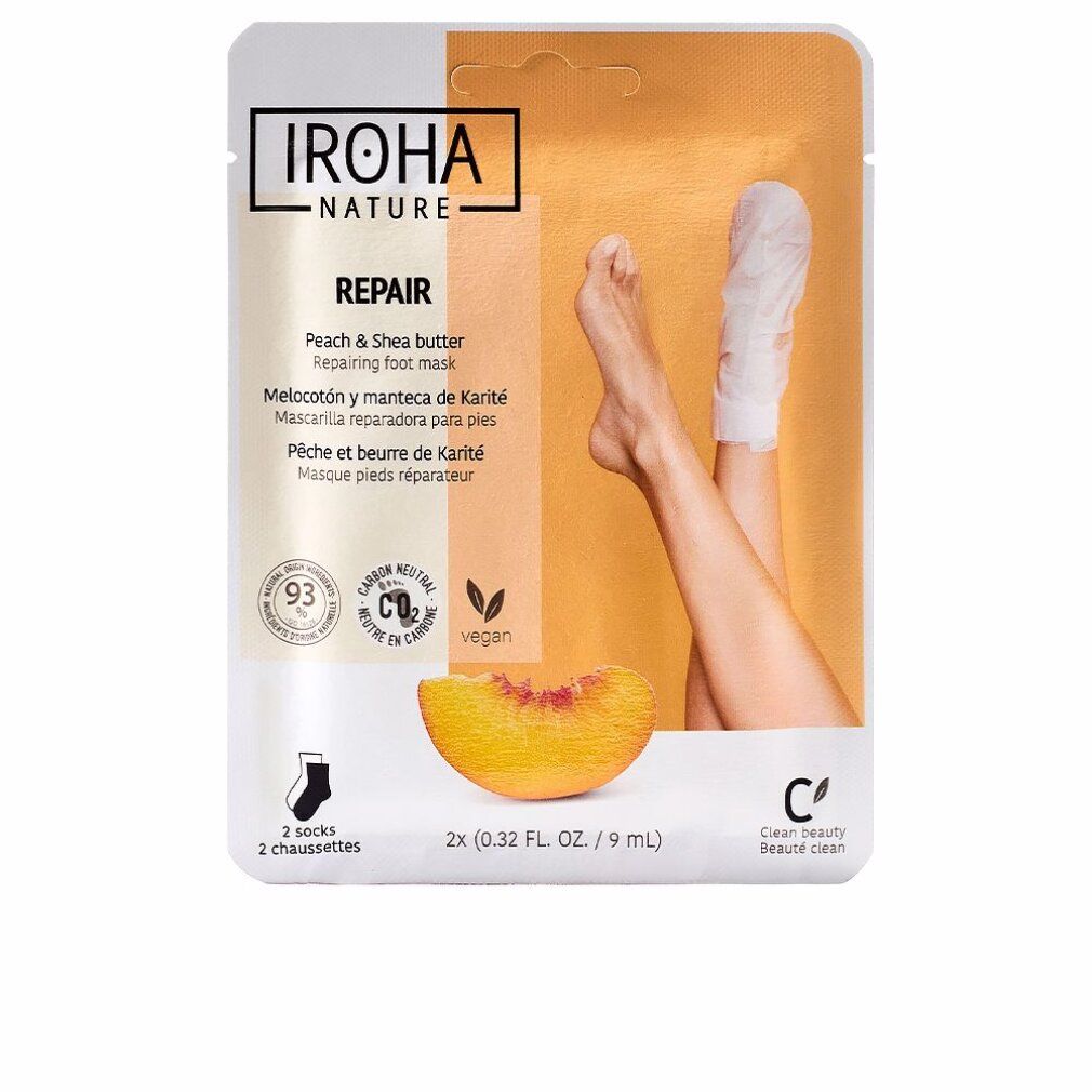 Maschera riparatrice per piedi in confezione. Marchio IROHA. Pesca e burro di karité. Testo: 2 calzini, vegano, CO2 neutro, Clear Beauty Clean.