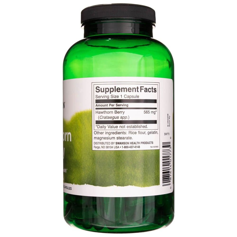 Retro del barattolo con informazioni nutrizionali per biancospino Swanson, 565 mg per capsula.