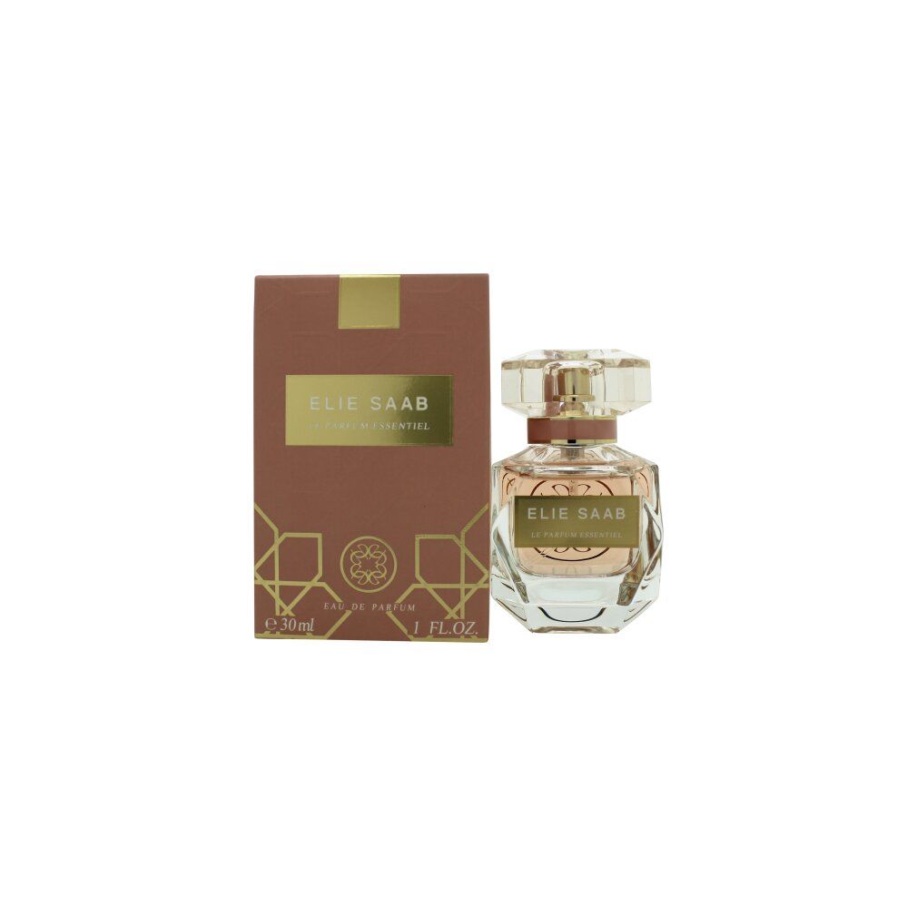 Flacone di profumo e confezione. Flacone con liquido rosa. Confezione marrone con etichetta dorata.