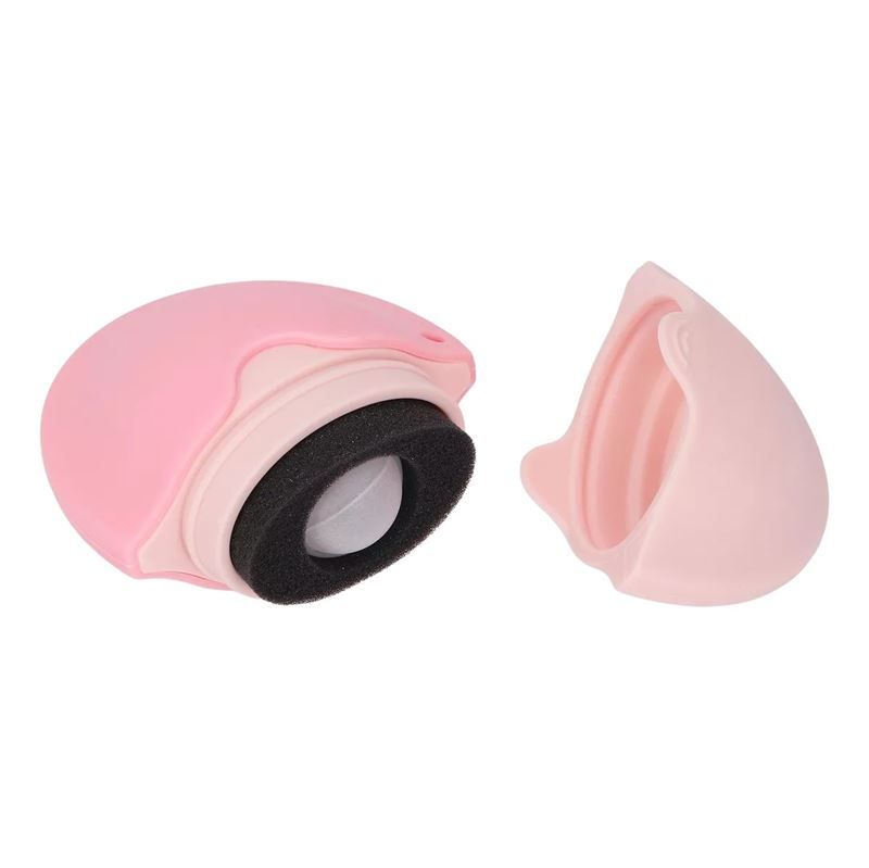 Prodotto ovale rosa aperto. Spugna e rullo visibili. Due parti rosa separate.
