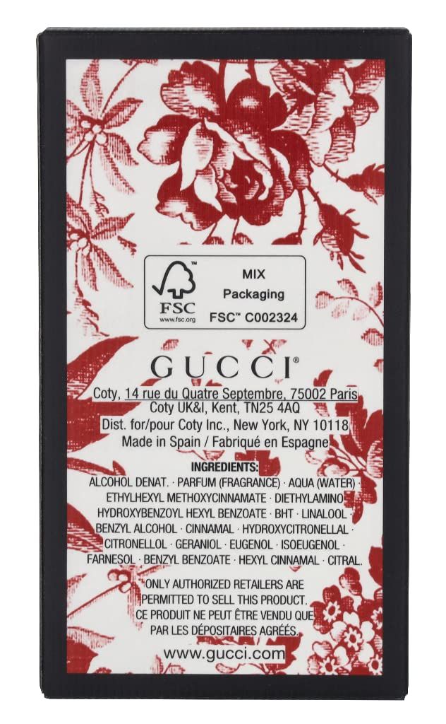 Retro della confezione Gucci Eau de Parfum con ingredienti.