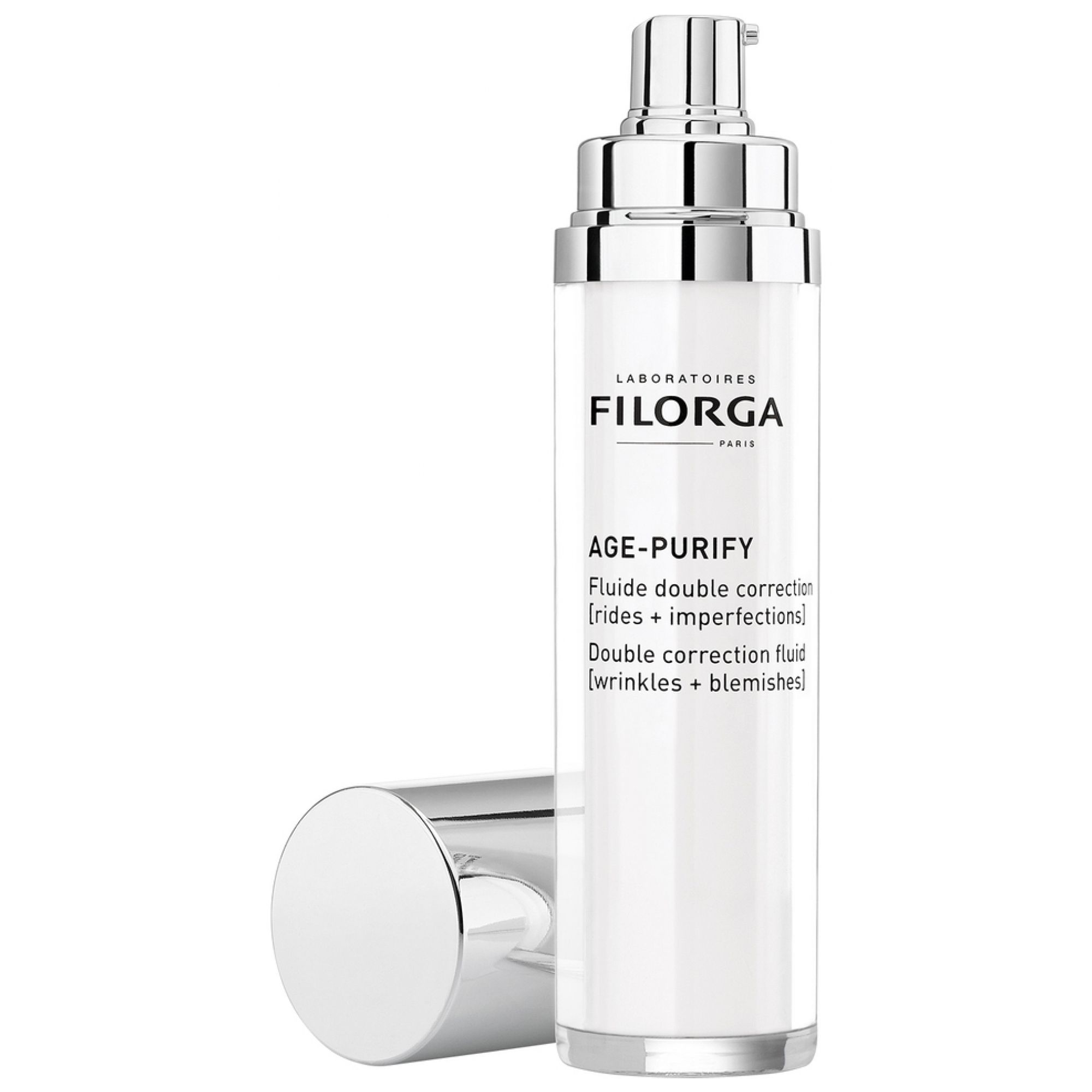 Dispenser Filorga Age-Purify Fluid con erogatore argentato e tappo.