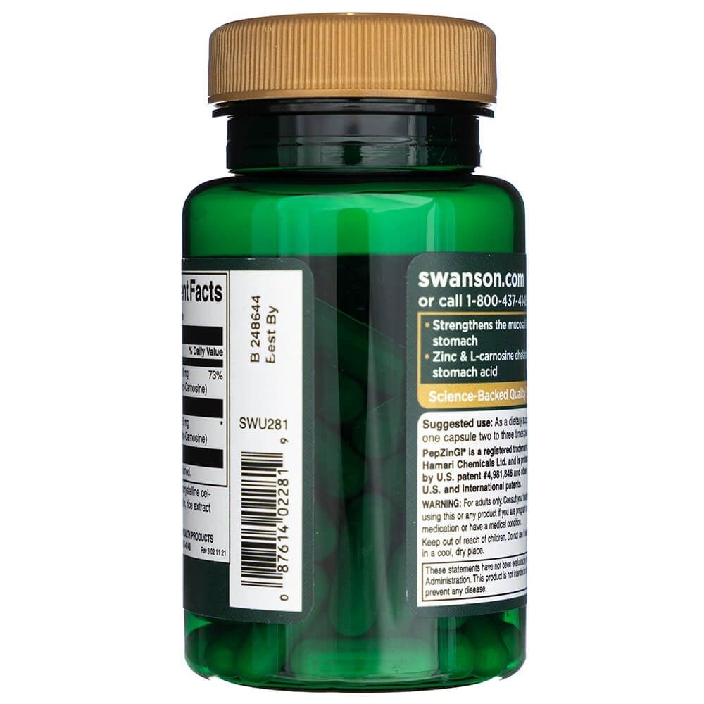 Retro di un barattolo verde Swanson Zinco Carnosina, consigli d'uso e informazioni sul prodotto.