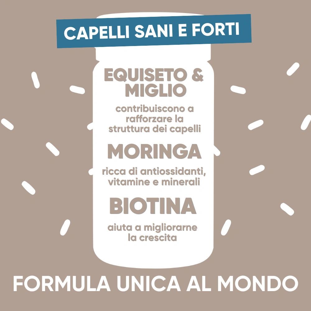 Composizione di capsule di integratori alimentari. Contiene Equiseto, Miglio, Moringa e Biotina. Testo: Formula unica al mondo.