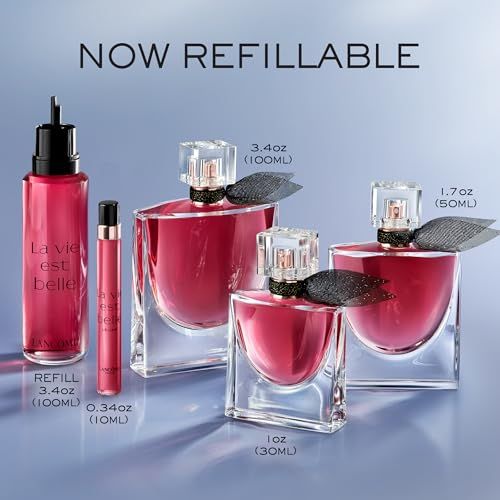 Vari flaconi e flacone ricarica. Testo: La vie est belle, 3.4oz (100ml), 0.34oz (10ml), 1oz (30ml).