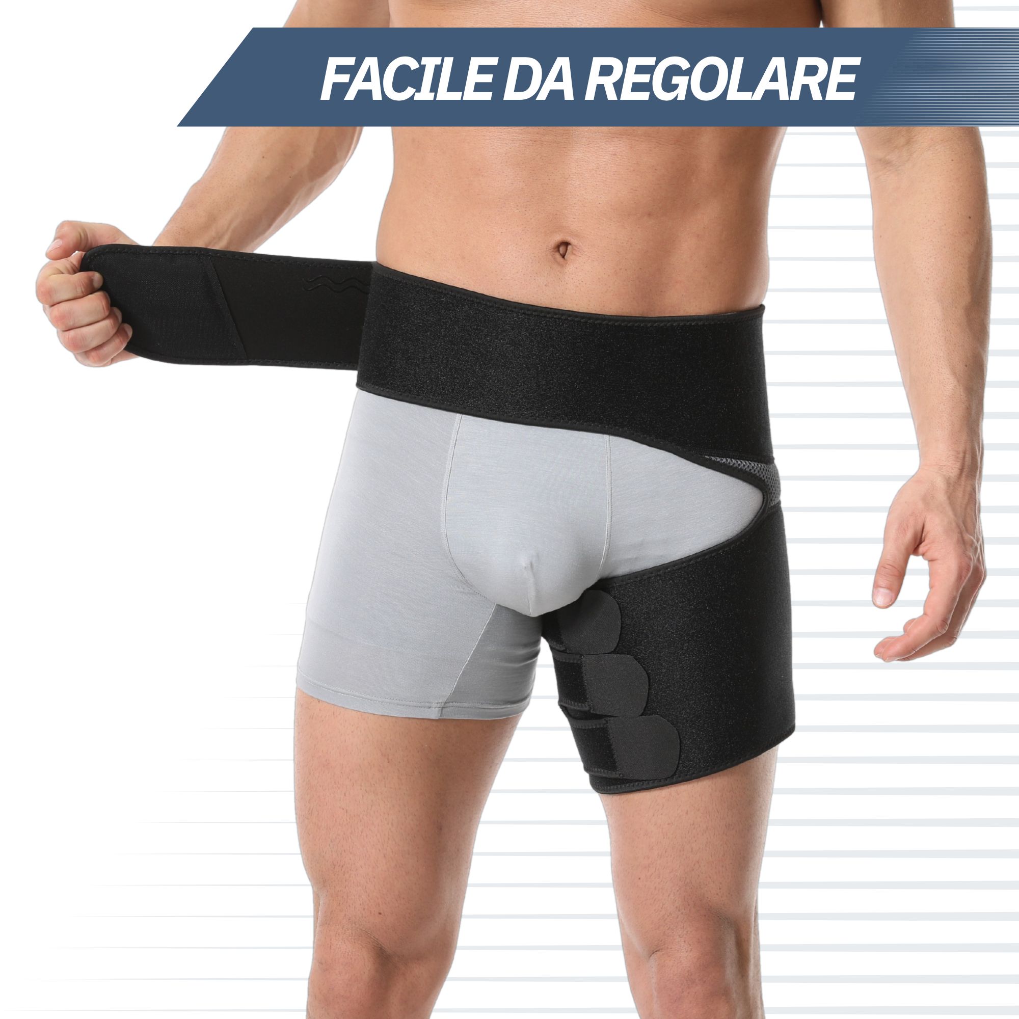Bendaggio anca e coscia con chiusura in velcro regolabile, avvolto attorno all'anca e alla parte superiore della coscia.