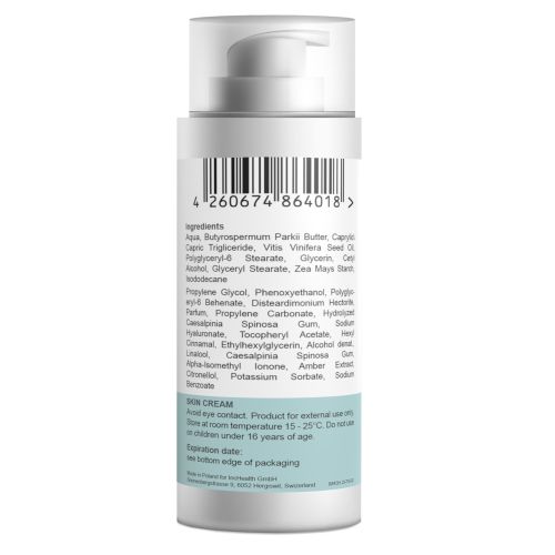 Retro del flacone di crema con elenco degli ingredienti e codice a barre. Paragrafi di testo e codice a barre.