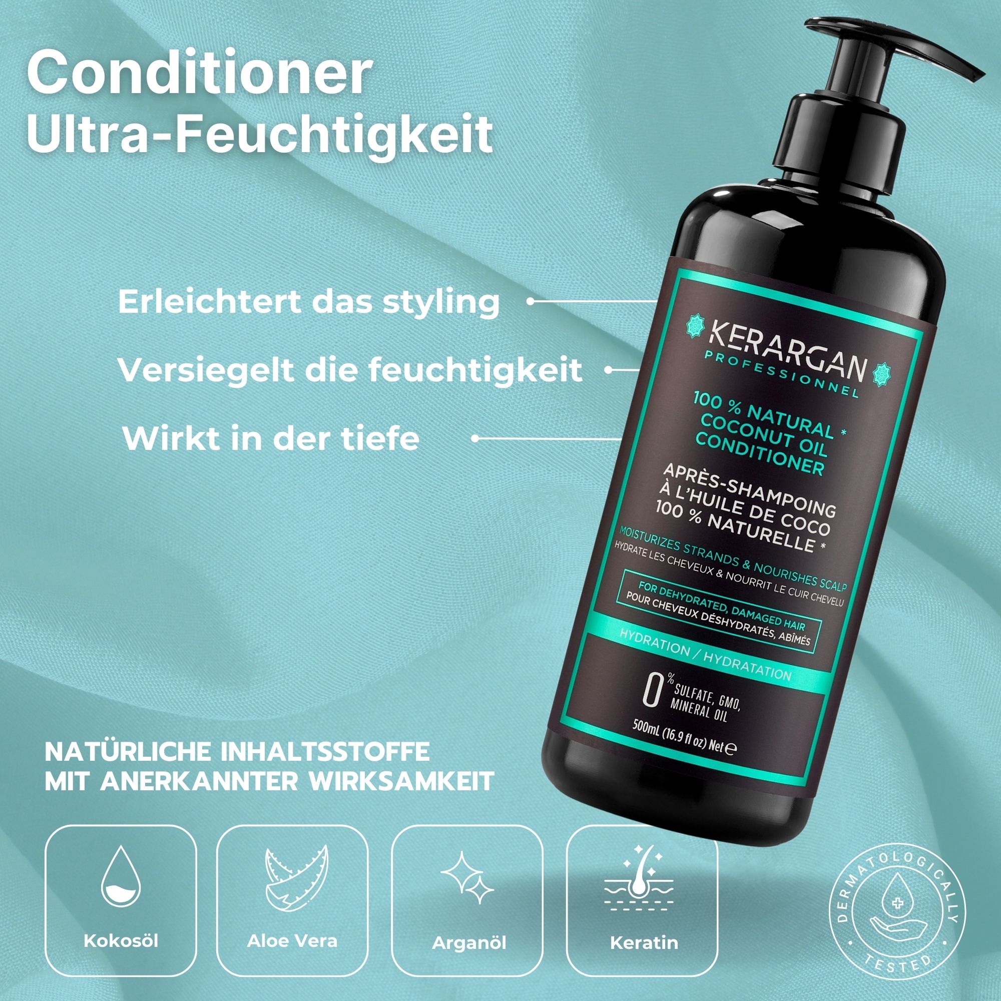Kerargan - Trio Shampoo, Balsamo & Maschera Olio di Cocco - Capelli Disidratati - Senza solfati, OGM