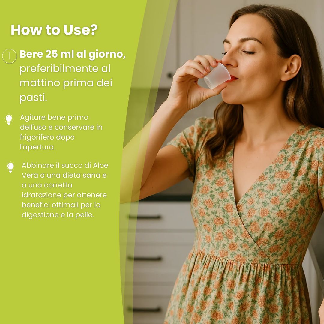 Donna beve da un bicchiere. Testo: Come usare? 25 ml al giorno. Agitare prima dell'uso. Refrigerare dopo l'apertura.